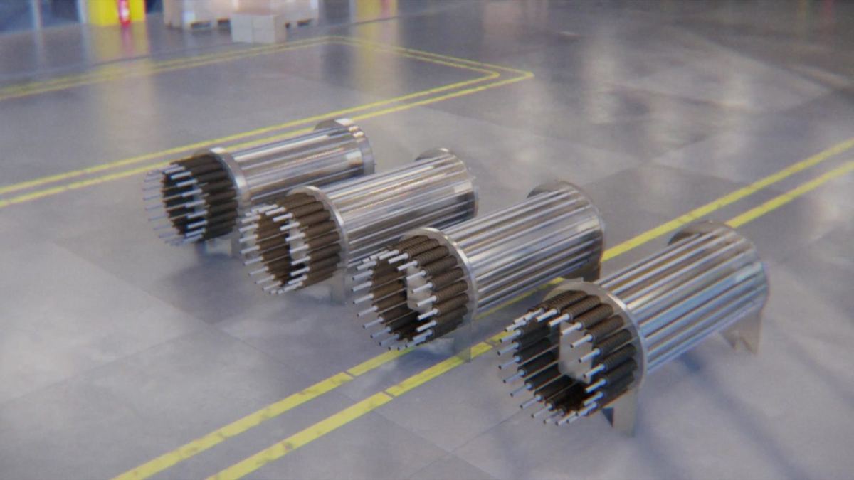 Row of electrolysers on a factory floor
