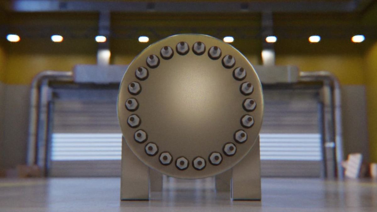 Electrolyser end flange in a factory hall